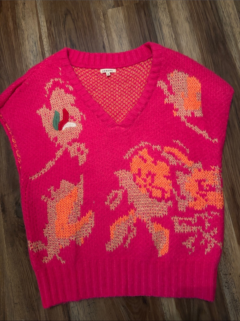 JODIFL Hot Pink Floral V-Neck Sweater Vest